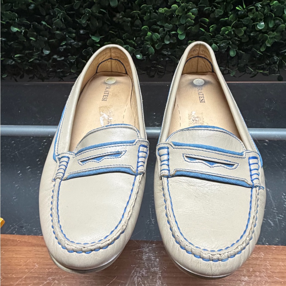 Leather Penny Loafers in Cream with Blue Trim